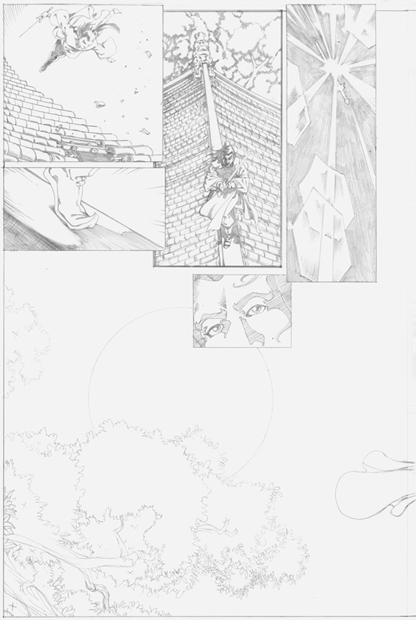 Left page fight scene from <em>Tales of the Moonlight Cutter</em> Number 3
